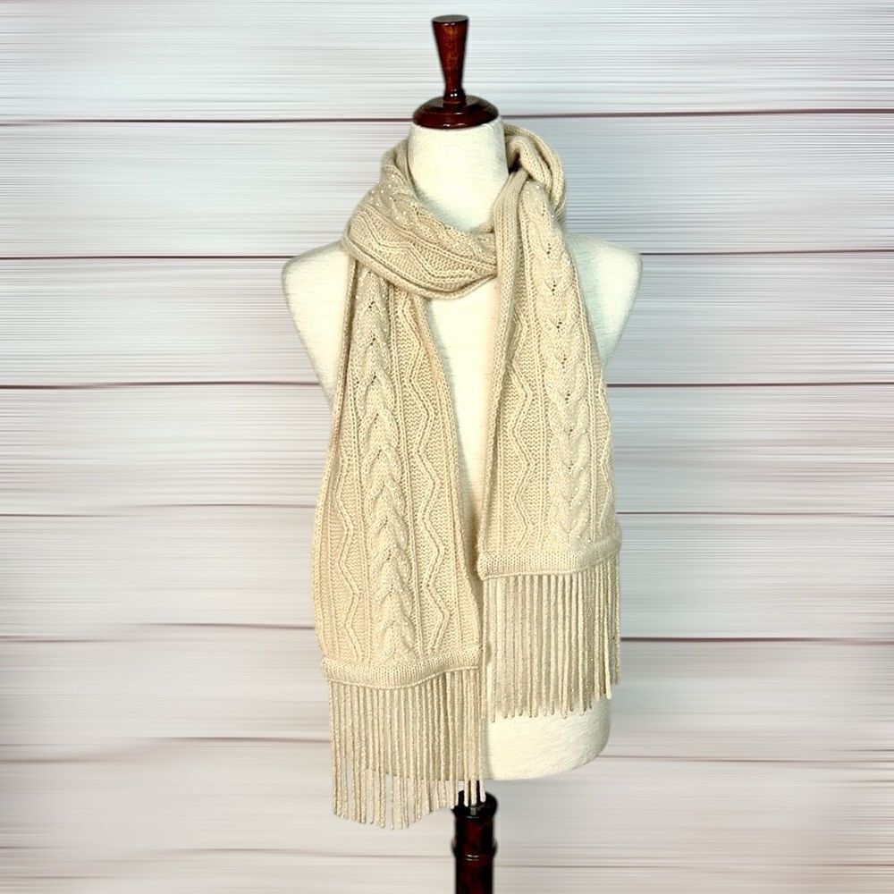 Portolano Cashmere Long Scarf Oatmeal Color Beaded Cable Knit Fringe